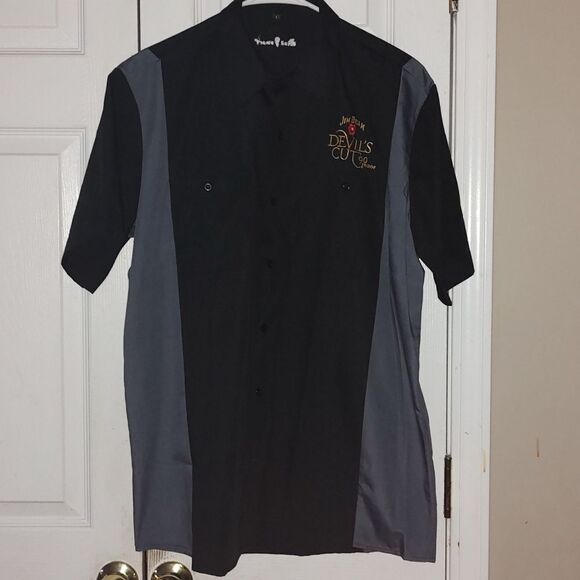 Jim Beam Devils cut 90 proof button down black and gray short sleeve shirt  Sz L - Picture 1 of 7